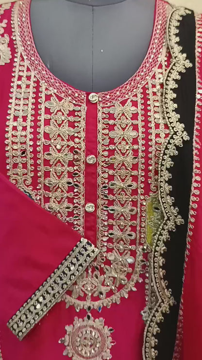 HEAVY PINK SUIT WITH MIRROR WORK BASE ON CHINON FABRIC WITH PLAZO AND MULTI COLORED DUPATTA