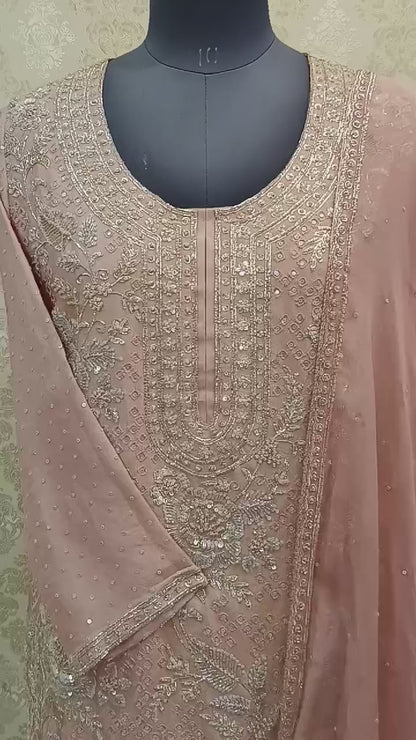 HEAVY HAND WORK LIGHT PINK SUIT WITH PURE SHIMMER FABRIC AND CHIFFON GARARA, DUPATTA BASE ON ORGANZA
