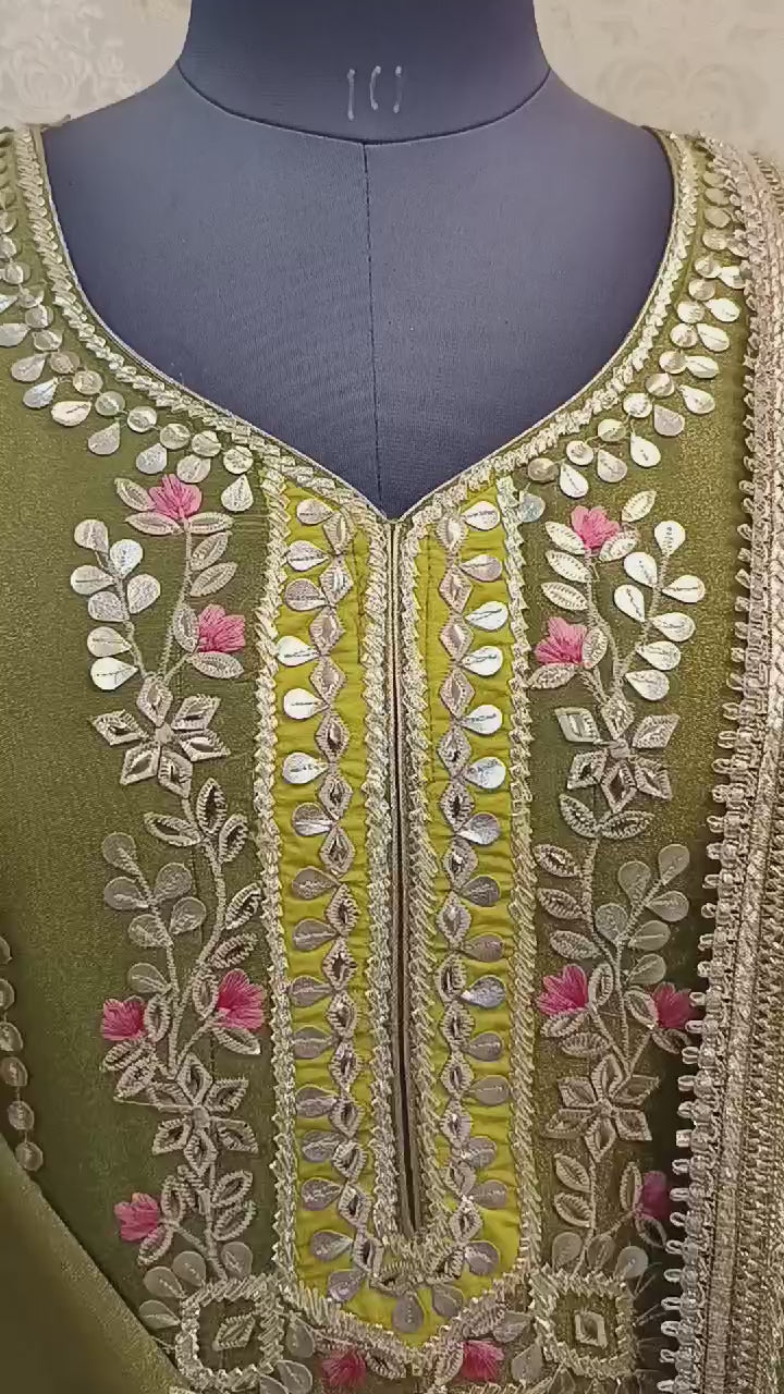 YELLOW ANARKALI WITH SHIMMER SILK FABRIC AND GOTA WORK WITH PRINTED DUPATTA YELLOW WITH OLIVE GREEN