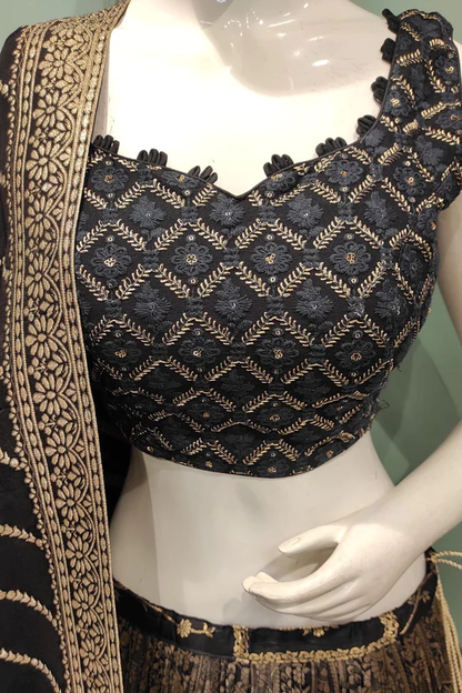 Pure Bliss Ensemble (BLACK): Padded Choli with Thread and Zari Embroidery, Banarsi Zari Lehnga